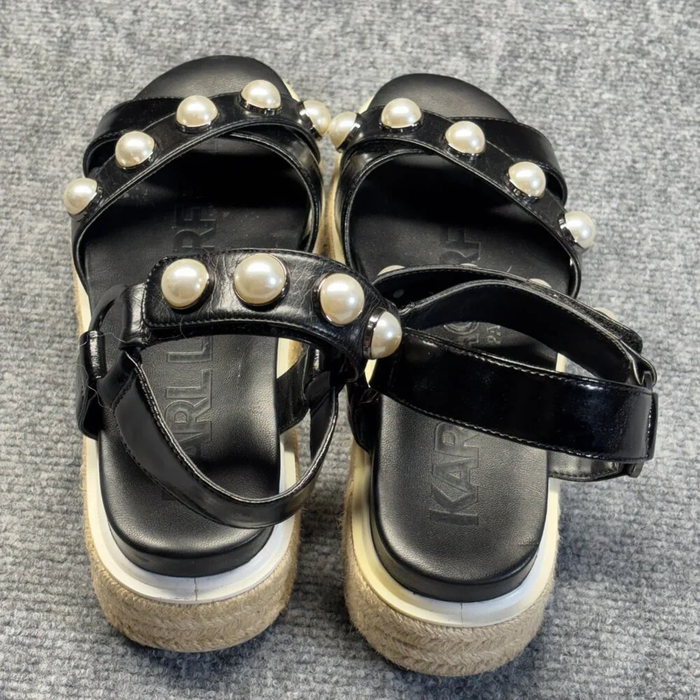 Karl Lagerfeld Womens Black Platform Espadrille Sandals Pearl Ankle Strap 7M